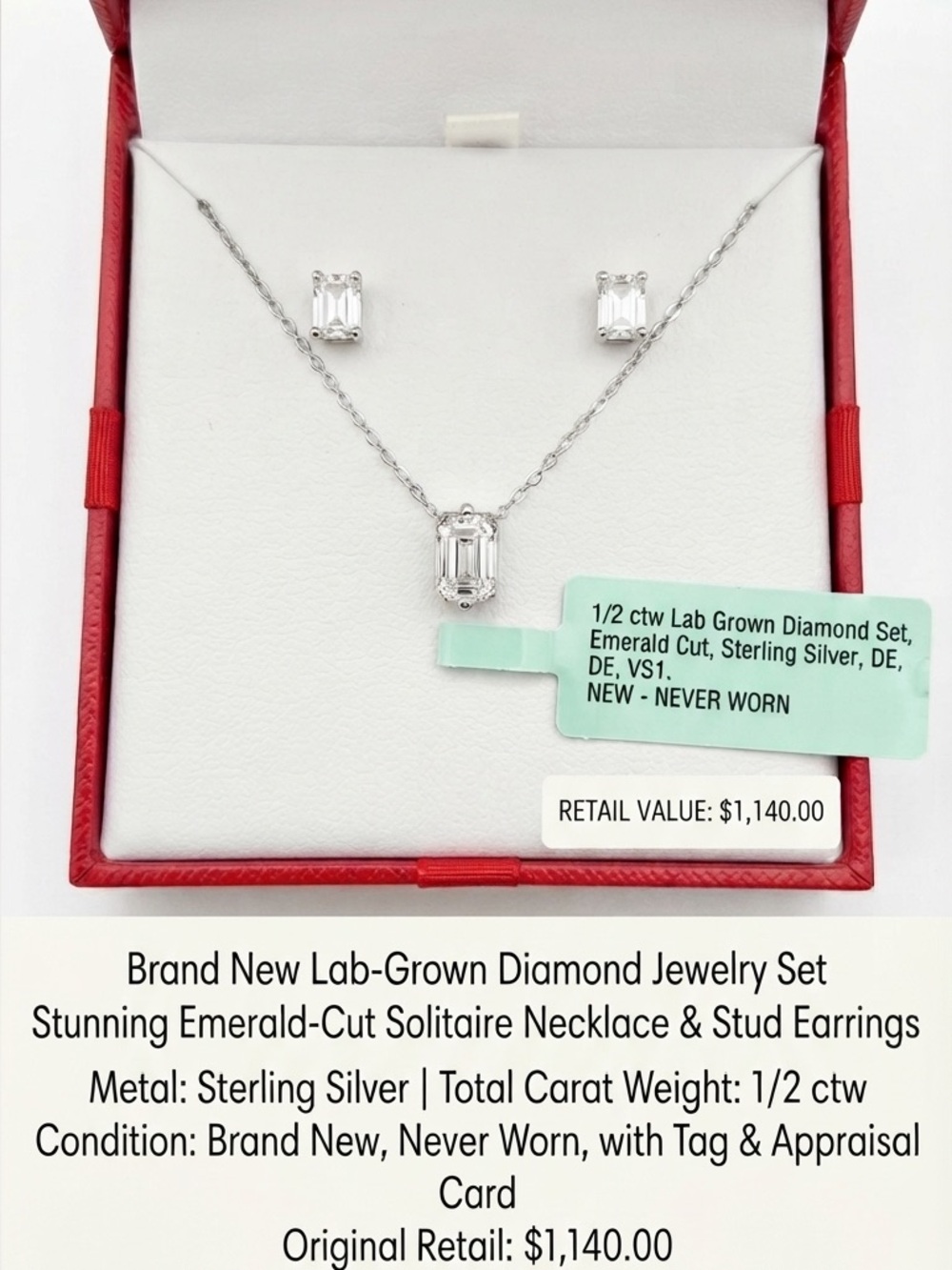 Lab-Grown Diamond Emerald-Cut Necklace & Stud Earrings - Sterling Silver - NEW